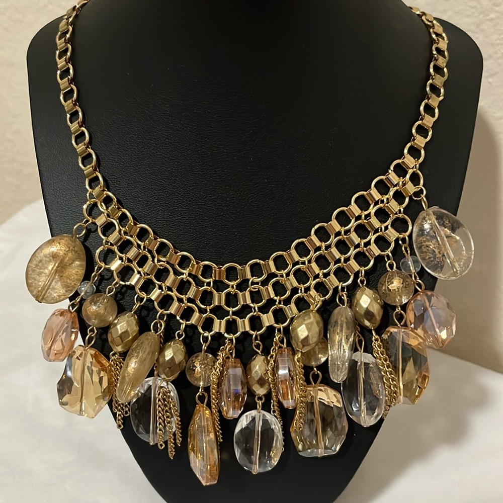 Pink, Gold & Clear Dangling Necklace - Beautiful Multi Colored Statement Piece